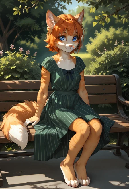 score_9, score_8_up, score_7_up, score_6_up, score_5_up, score_4_up, semi realistic, from above, Vera,1girl, solo, furry female, short hair, orange hair, bangs, fox ears, perfect eyes, blue eyes, freckles, snout, animal nose, body fur, two-tone fur, orange fur, white fur, striped, fox tail, square pattern on dress, green sundress, green and orange color, barefoot, full body, sitting on bench, wood bench, front view, looking at the viewer, smile, focus on face, outdoors, village plaza, tree, bushes, ((back light, counterlight)), transmitted light, soft light, soft shadows, morning, d3t41l3d, BadDream, 4k, 8k, Ultra HD, Masterpiece, Best quality, Detailed), Detailed background,