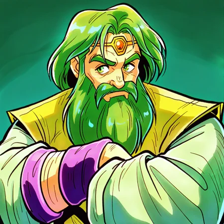 masterpiece, best quality, amazing quality, very aesthetic, absurdres, newest, borgiffl3, 1boy, short green hair, circlet, green eyes, long green baggy sleeves, long yellow tabard, purple wristband,  close up, crossed arms, beard, green beard, old man, looking to side, simple background