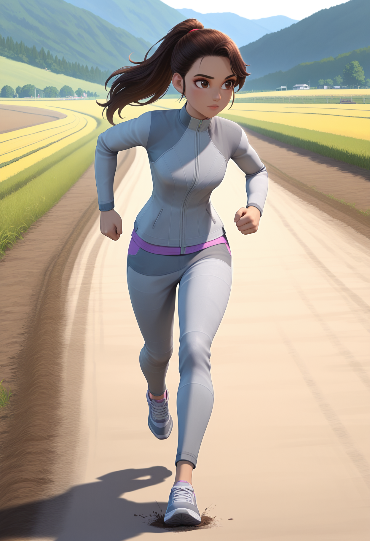 masterpiece, best quality, 1girl, solo, <lora:Yasmina [Illustrious] Jurassic World Camp Cretaceous:1>, yaz, brown hair, brown eyes, long hair, ponytail, hair tie, track jacket, grey jacket, long sleeves, grey pants, sneakers, outdoors, dirt road, rural, jogging,