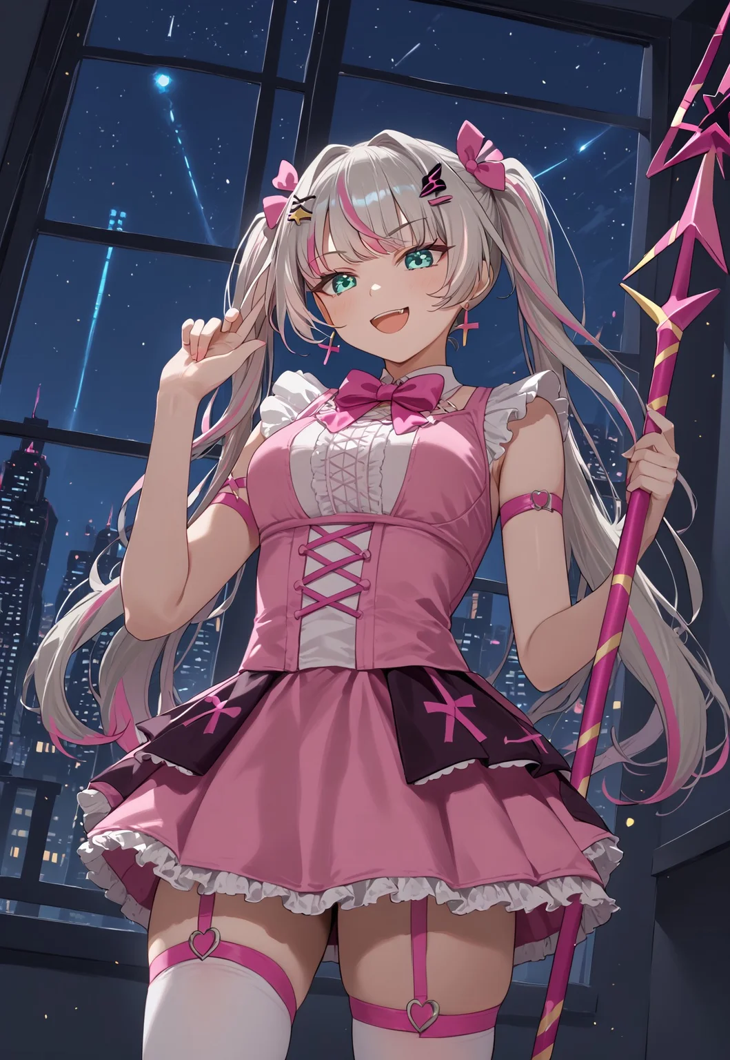 1girl, solo, solo focus, highres, absurdres, Lia1st, hair ornament, twintails, multicolored hair, silver hair, pink hair, streaked hair, bangs, aqua eyes, earrings, hairclip, star hair ornament, hair bow,
magical girl, pink dress, pink bowtie, pink skirt, white thighhighs, garter straps, cross-laced dress,
looking down, smug, open mouth, hand up, holding staff,
indoor, cityscape, neon lights, window, dark, night, night sky, light particles, backlighting, shade,