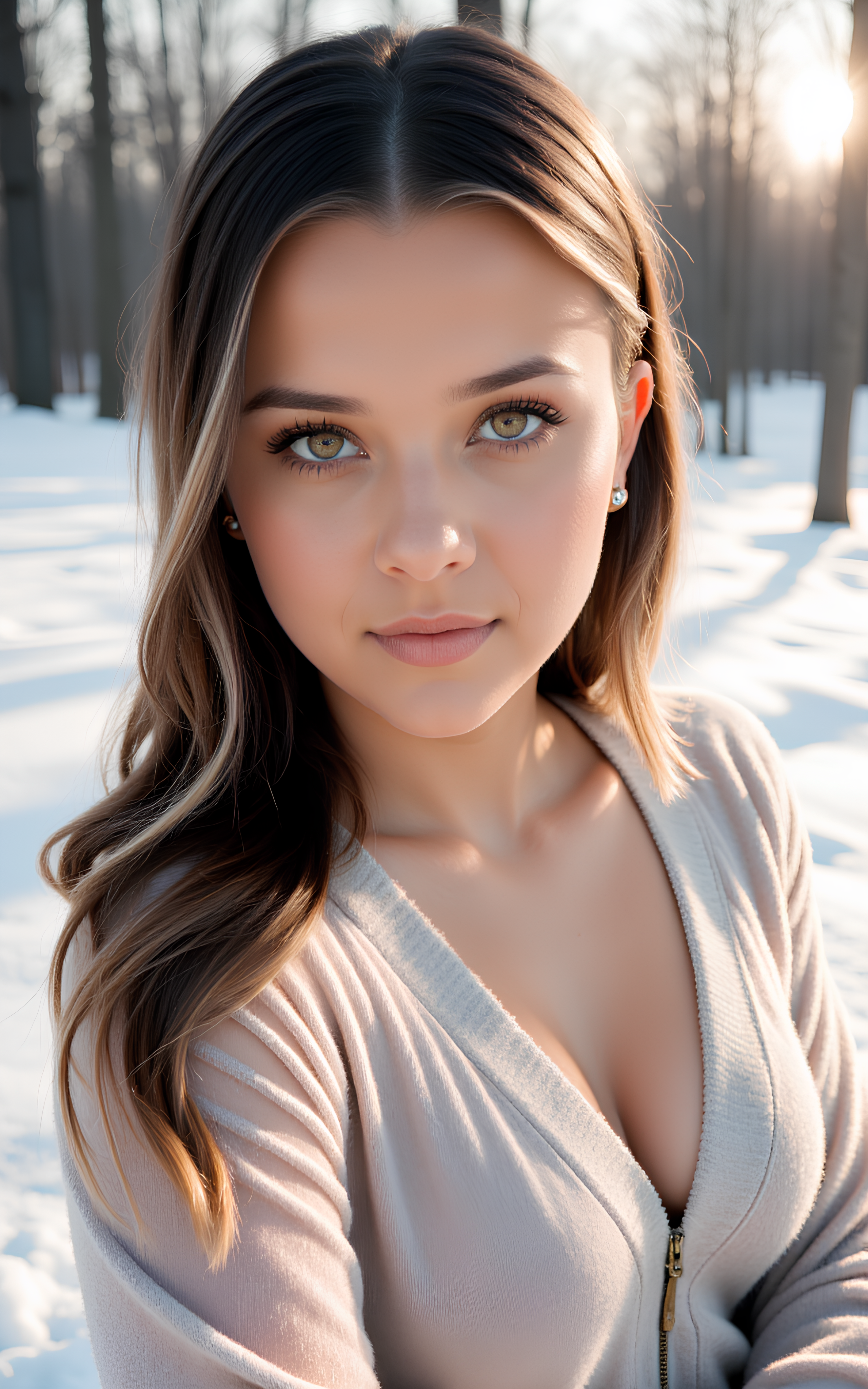 Upper body photo. Beautiful girl wearing a thin athletic sweater, Side-swept hair. Highly detailed beautiful expressive eyes. Morning in the snow. Photorealistic, Natural atmospheric lighting, intricate details, 35mm photograph, film, professional, 4k visuals, highly detailed, elegant, studio quality.