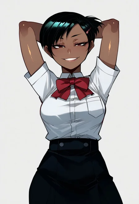score_9, score_8_up, rating_explicit, 1 girl, detailed, absurdres, extreme_quality,1 girl, adult woman, picture of 1 woman, upper body focus, upper body, 5 fingers, looking at viewer, smug expression, smug smile, shiny skin, breasts, yukop3, short hair, hairclip, dark skin, brown eyes, black hair, gekkoukan high uniform, skirt, hands behind head, black longsleeves, white undershirt, socks, red bow,