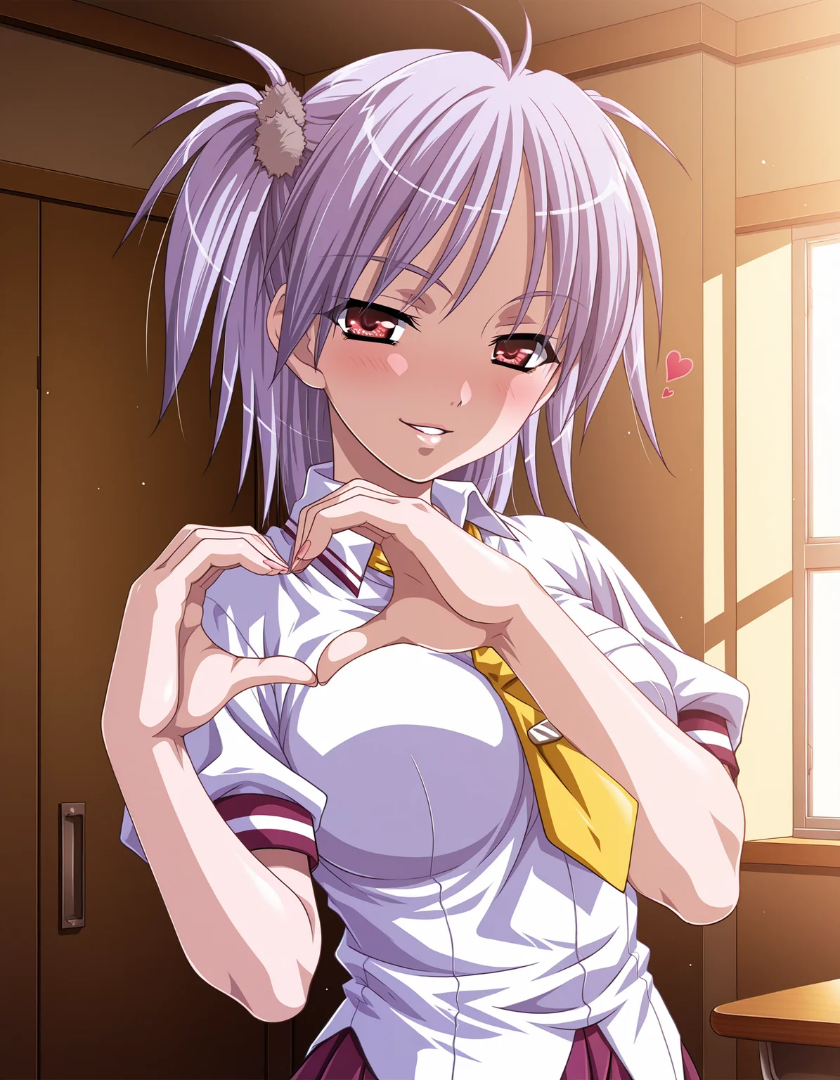 masterpiece, best quality, amazing quality, very aesthetic, absurdres, ultra detailed, official style, game cg, (vivid colors),
1girl, solo, saeki_ayame, purple hair, red eyes, gleaming skin,
school uniform, untucked shirt, skirt BREAK
blush, seductive smile, parted lips, looking at viewer,
standing, heart hands,
in room, upper body, sharp focus, ultra detailed <lora:saeki ayame v1.0-000014:1>