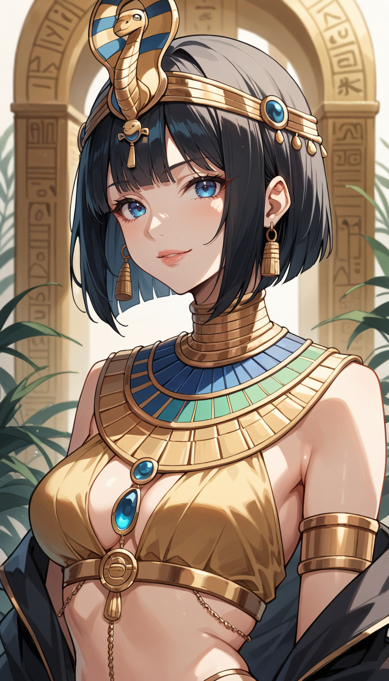 score_9, score_8_up, score_7_up, Anime Style, Portrait, girl, egyptian queen, cute, seductive, innocent, light smile:0.3, plump lips, slender body, black hair, bob cut, perfect make-up, intricate jewelry, golden headdress, captured in a walls adorned with hieroglyphics, depth of field, dynamic angle, fashion photography, sharp, hyperdetailed:1.15