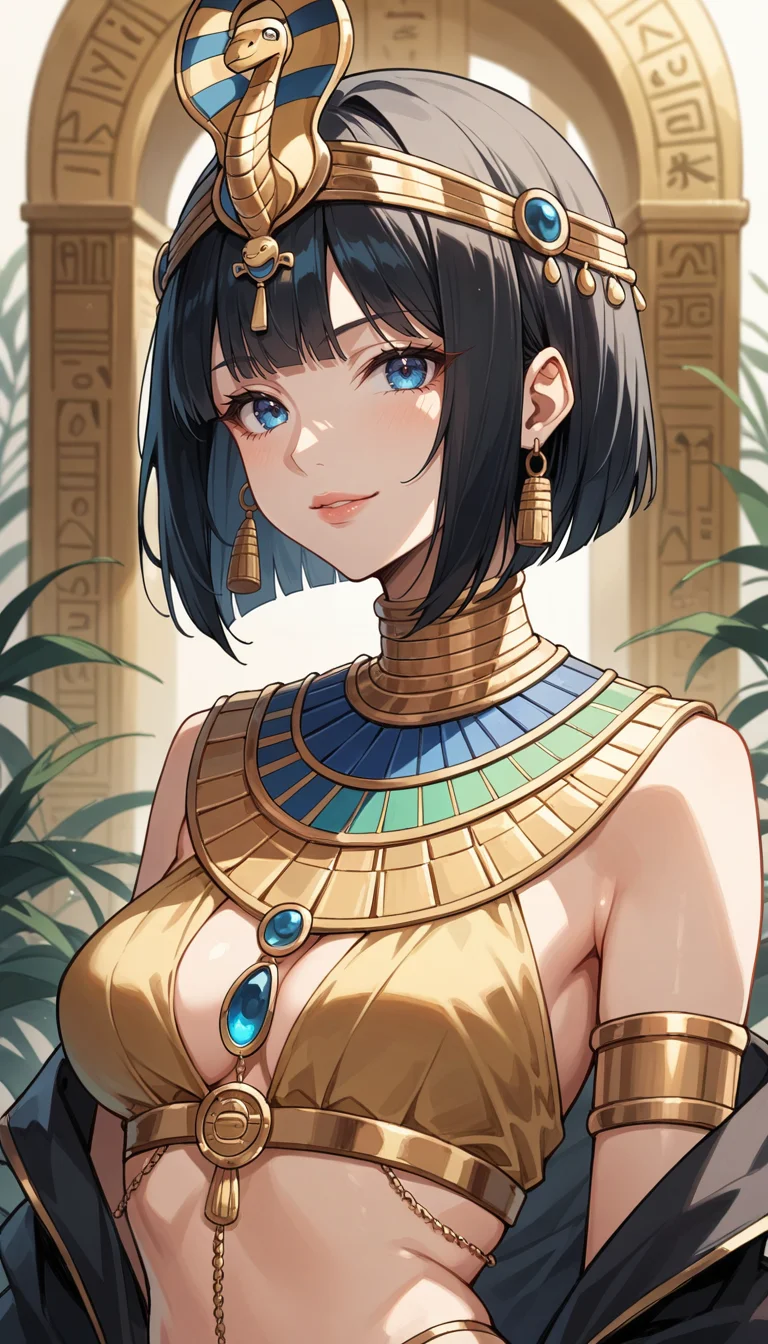 score_9, score_8_up, score_7_up, Anime Style, Portrait, girl, egyptian queen, cute, seductive, innocent, light smile:0.3, plump lips, slender body, black hair, bob cut, perfect make-up, intricate jewelry, golden headdress, captured in a walls adorned with hieroglyphics, depth of field, dynamic angle, fashion photography, sharp, hyperdetailed:1.15