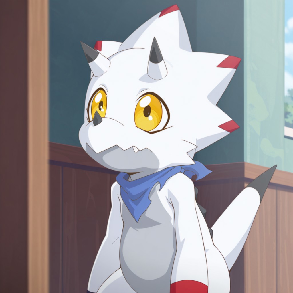 ((masterpiece, best quality, amazing quality,))  GammaGil, semi-anthro, Gammamon, ceratopsian, white skin, yellow eyes, blue neckerchief, horns, nose horn, tail