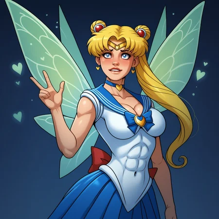 safe_pos, ((profile view)), 1girl, 25 years old, Sailor Moon, Pretty Sailor Suited Soldier Sailor Moon, magic girl, magical, hearts, sprite, magical skin, fairy, wings, large chest, thin waist, wide hips, cleavage, dizzy, full lips, bite lower lip, long legs, blush, horny, sexy, low cut top, deep cleavage, abs, victory sign, PONYXL_STYLE_MarkyDaySaid_ownwaifu