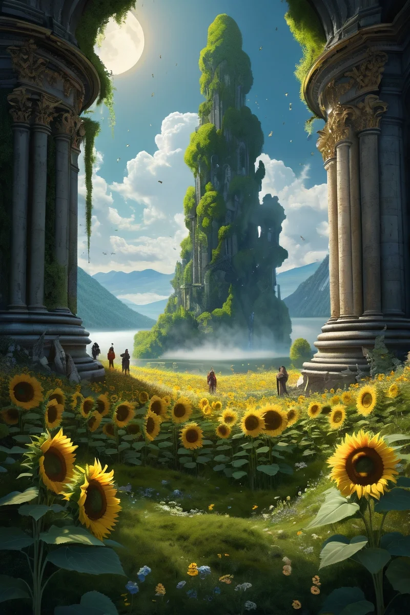 sunflower forest clearing with bee swarm ,ancient stone circles pulsating with lunar energy, smoldering sacrificial braziers illuminating moss-covered monoliths where elemental spirits materialize from mist, lake, noon,weather sweaty indoors cinematic view, epic sky, detailed, concept art, medium angle, high detail, warm lighting, volumetric, godrays, vivid, beautiful, trending on artstation, by Rumiko Takahashi, huge scene, grass,flower, art greg rutkowski,