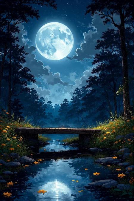 <lora:Vibrantly_sharp_style_v.2:0.9> Vibrantlysharp style.  A hidden forest oasis glows under the ethereal light of a massive, luminous full moon suspended in a starlit sky. Wisps of soft clouds drift lazily across the heavens, their edges tinged with deep indigo and silver, framing the celestial sphere. Below, a serene stream reflects the moonâs radiance, its crystalline waters shimmering with scattered petals of golden and orange wildflowers floating gently on the surface. The stream is bordered by lush, overgrown vegetation, with delicate blooms in shades of yellow, orange, and deep blue illuminated by the moonâs soft glow. A simple wooden bridge, weathered and aged, stretches over the water, its beams kissed by the gentle golden light of tiny glowing fireflies. The distant tree line forms a dark silhouette against the cosmic sky, with delicate leaves and branches painted in soft chiaroscuro, creating a painterly aesthetic reminiscent of fantasy illustrations. The scene embodies tranquility, a harmonious fusion of dreamlike serenity and breathtaking realism, inviting the viewer into a secret world untouched by time.