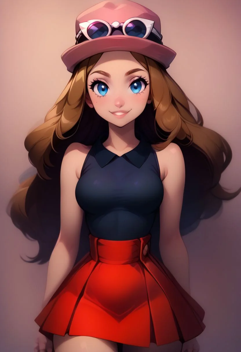 score_9, score_8_up, score_7_up, pretty girl, vivid bright colors, highly sexual poses, pinup art, solo,
BREAK,
serena, long hair, blue eyes, brown hair, eyewear on head, hat, skirt, sunglasses, shirt, black shirt, sleeveless, red skirt, pink hat,
BREAK,
wide hips, narrow waist,
BREAK,
solo, smile, looking at viewer, cowboy shot, zPDXL