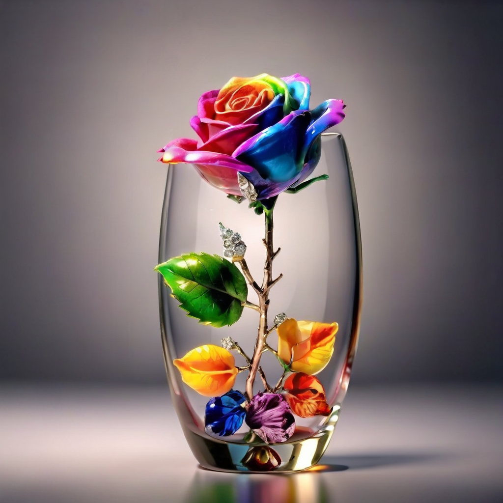 an image of   flowers MD_Jewelry, front view,   a colorful gem and Diamond rose in the bottle ,dynamic dark background ,   masterpiece, UHD, natural light, realistic<lora:0210_rose-checkpoint-6000:1>