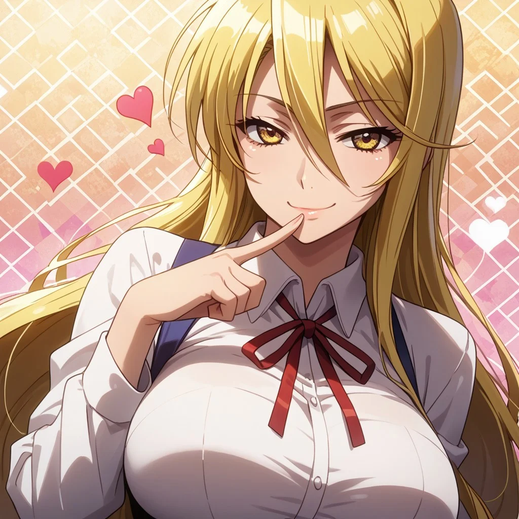 score_9, score_8_up, score_7_up, 1girl, solo, looking at viewer, anime coloring, upper body, close-up, portrait,
<lora:Shizuka_Marikawa_Dwnsty:0.8>, shizuka_marikawa, blonde hair, yellow eyes, long hair, low-tied long hair, hair between eyes, sidelocks, white shirt, collared shirt, red ribbon, neck ribbon, black skirt, long skirt, pencil skirt,
lips, huge breasts, light smile, mature female, finger to mouth, smirk, naughty face,
sunlight, abstract background, argyle background, rainbow, heart,
<lora:Hotd_Artstyle_Dwnsty:0.7>