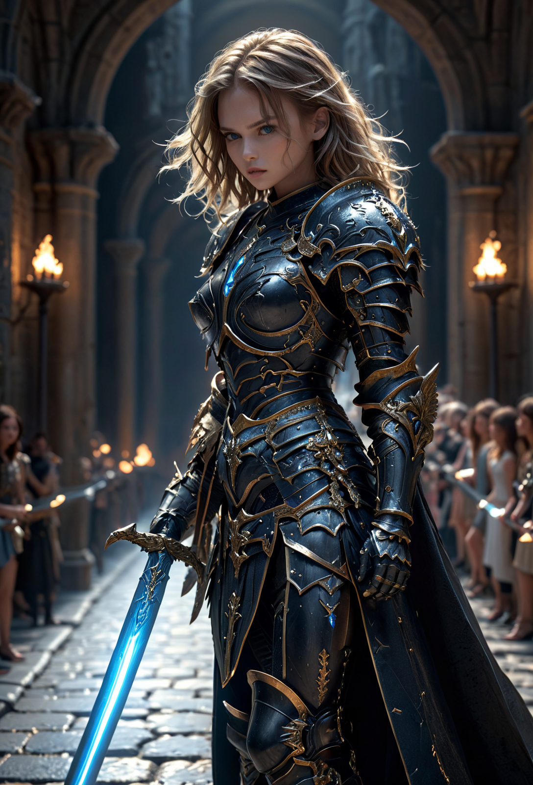 amazing quality, masterpiece, best quality, hyper detailed, ultra detailed, UHD, perfect anatomy,
fashion show, model, stylish pose, wearing fantastic armor, black armor, holding glowing sword, runway, stone road, soft shades, dark blond hair, hand up,
<lora:FantasyKnightsHKStyle:0.85>, HKStyle,
<lora:add-detail-xl:1.0>,
<lora:EnvyBetterHiresFixXL01:0.75>,
<lora:extremely_detailed:1.5>, extremely detailed,