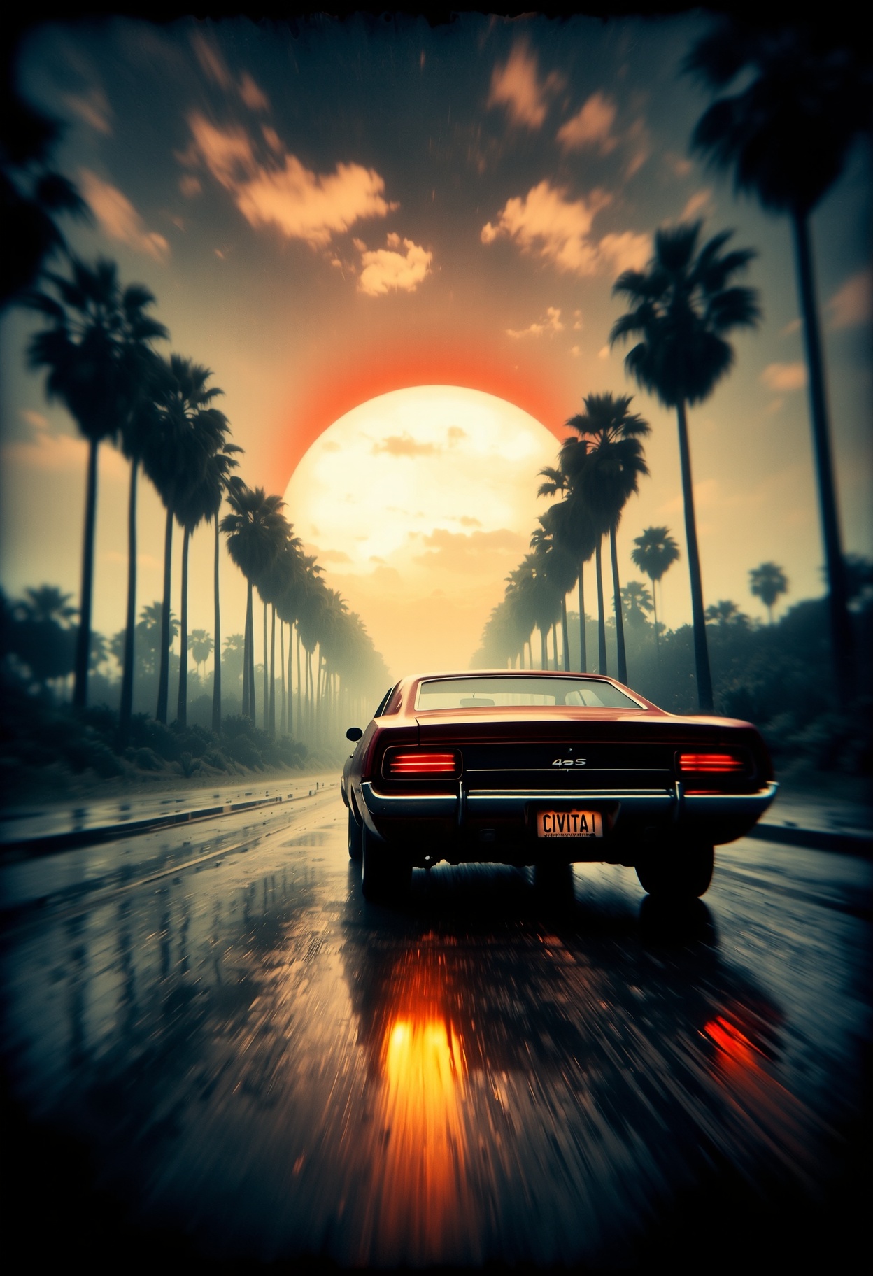 pinhole photography. Dutch angle cinematic shot of a cherry red muscle car from the 1970s cruising at speed onto a majestic reddish sunset. The road reflects the bright orangish glow of the sun on the drenched asphalt, and palm trees line its sides. Bright yellows and reds reflect on the car's body and highlight its fast moving silhouette. Pinkish clouds adorn the vast expanse of the horizon, creating depth and perspective in this energetic composition. The car's license plate has the text "CIVITAI". <lora:Eldritch_PinholePhotography_1.0.0:1>