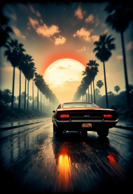 pinhole photography. Dutch angle cinematic shot of a cherry red muscle car from the 1970s cruising at speed onto a majestic reddish sunset. The road reflects the bright orangish glow of the sun on the drenched asphalt, and palm trees line its sides. Bright yellows and reds reflect on the car's body and highlight its fast moving silhouette. Pinkish clouds adorn the vast expanse of the horizon, creating depth and perspective in this energetic composition. The car's license plate has the text "CIVITAI". <lora:Eldritch_PinholePhotography_1.0.0:1>
