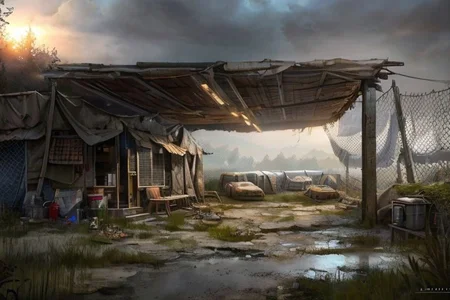 (masterpiece:1.2), (best quality,:1.2), 8k, HDR, ultra detailed, ((photorealistic)), professional light, cinematic lighting, fashion photography, ambient lighting, atmospheric effects, <lora:detail_slider_v4:3>, a small slaver camp in the Wasteland,   <lora:Wasteland-10:1>, style-rustmagic, epiCPhoto