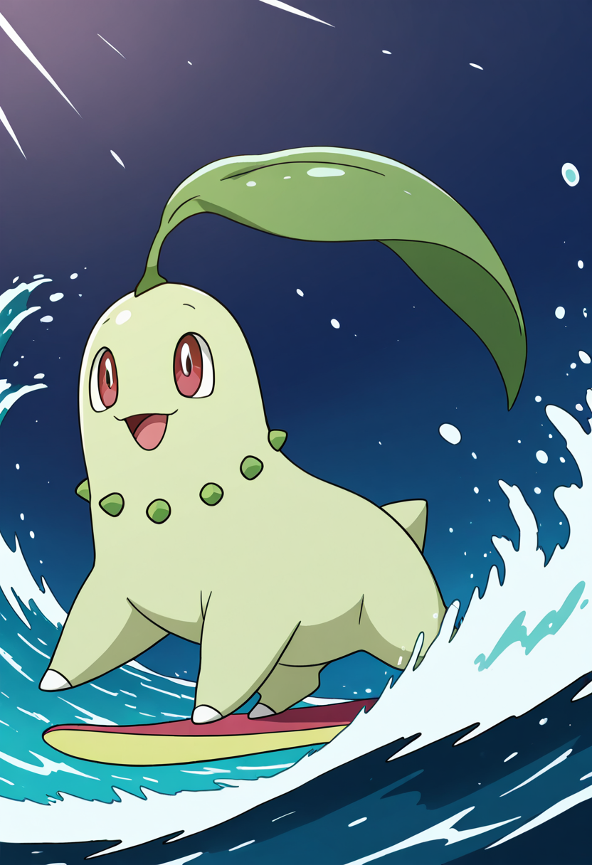 masterpiece, best quality, no humans, solo,    zzChikorita, surfing, wave, ocean,    ,<lora:ChikoritaPokedex_IXL:1.0>,