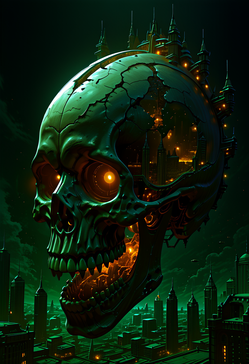 masterpiece, best quality, no humans,   ,<lora:SkullWorld_IXL:0.7>,  zzSkullWorld, colossal skull, floating in space, cityscape on top, gothic architecture, futuristic design, towering spires, arcane towers, massive bridges, skull's eye sockets, hollowed features, dark metallic buildings, polished surfaces, cracked weathered buildings, neon lights, glowing windows, cracked bony surface, flying vehicles, light trails, eerie landscape, ancient dystopian city, statues of ancient gods, monstrous figures, glowing eyes, glowing energy fields, veins of light, ominous glow, deep hue, unsettling light, bustling streets, shadowy figures, alleyways, dark energy, skull alive, watching
