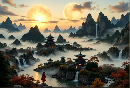 A stunning  a serene landscape featuring tall mountains, a winding river, and traditional chinese pagodas. A lone figure stands in the foreground, looking out over the valley. The sky is filled with clouds, and the sun is setting in the background, casting a warm orange glow over the landscape. The colors are muted, with shades of orange, yellow, and green. The scene is peaceful and tranquil, with a sense of serenity and tranquility..    
,photorealistic,masterpiece, best quality, amazing quality, very aesthetic, perfect eyes, 24yo, ( dramatic lighting) ,
,solo, long_hair, black_hair, 1boy, standing, male_focus, outdoors, sky, cloud, from_behind, water, tree, moon, building, scenery, nature, full_moon, sunset, mountain, sun, facing_away, autumn_leaves, wide_shot, architecture, east_asian_architecture, river, castle, waterfall, landscape, lake, fog, pagoda
