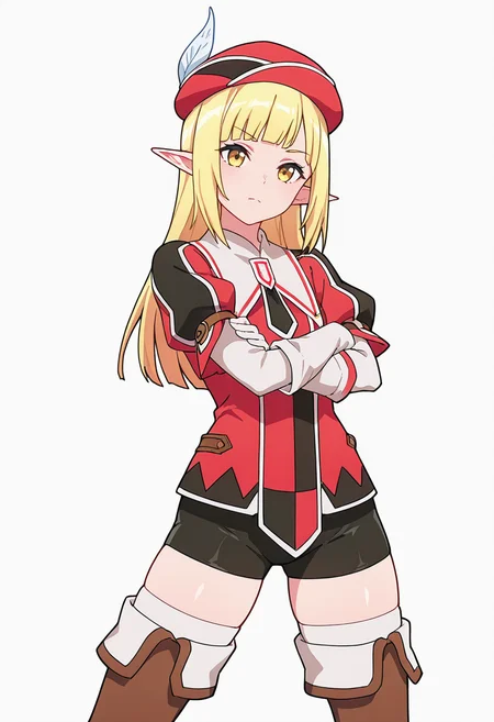 Smooth Quality,masterpiece,very intricate, high quality details, ultra realistic, high detailed skin,detailed enviorement,absurdres,
pointing forward,solo,
 <lora:Rune_Noma_CNR:0.8> rune_cnr, pointy ears, blonde hair, long hair, yellow eyes, blunt bangs, elf, thighhighs, thigh boots, shorts, gloves, red hat, hat feather, beret, short sleeves, necktie,, simple background, white background, front view,
standing, arms crossed, head tilt, serious, balanced stance, confident,  ,, ^q^,
