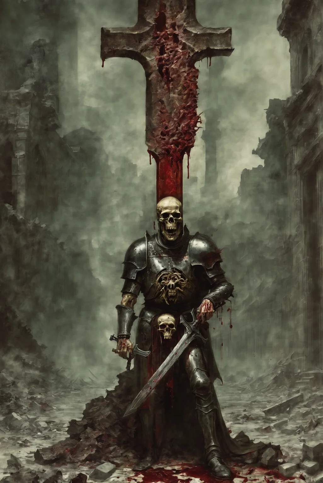 a male chaos warrior of khorne in armor is holding a great sword in a ruined post-apocalyptic city, sci-fi, fantasy, horror, skulls on the ground, blood, Tornado, Roman, (George Grosz,Egon Schiele,Remedios Varo:1.25), Empty chairs,Tangled roots,Key, Warped,Mangled,Ethereal, (Dual tones:1.1), (Isolation:1.1), (Glaze:1.1), (Reflected light:1.2), Glass, Polygon, ultra detailed, intricate, oil on canvas, dry brush, (surrealism:1.1), (disturbing:1.1) <lora:marcXL-000080:0.8>