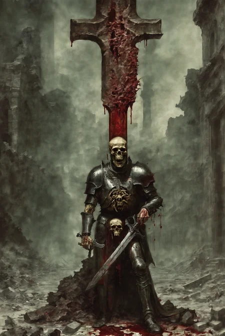 a male chaos warrior of khorne in armor is holding a great sword in a ruined post-apocalyptic city, sci-fi, fantasy, horror, skulls on the ground, blood, Tornado, Roman, (George Grosz,Egon Schiele,Remedios Varo:1.25), Empty chairs,Tangled roots,Key, Warped,Mangled,Ethereal, (Dual tones:1.1), (Isolation:1.1), (Glaze:1.1), (Reflected light:1.2), Glass, Polygon, ultra detailed, intricate, oil on canvas, dry brush, (surrealism:1.1), (disturbing:1.1) <lora:marcXL-000080:0.8>