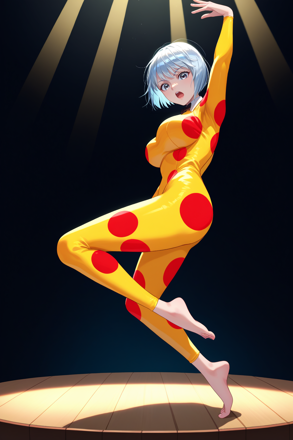 score_9, score_8_up, score_7_up, score_6_up, source_anime, 1girl, solo, <lora:shiroganesaiga-pdxl-nvwls-v1:1> kceleonore, silver hair, short hair, grey eyes, bob cut, yellow bodysuit, polka dot bodysuit, black bowtie, large breasts, balancing on one leg, barefoot, from side, open mouth, arm up, standing, full body, stage, spotlight, black background