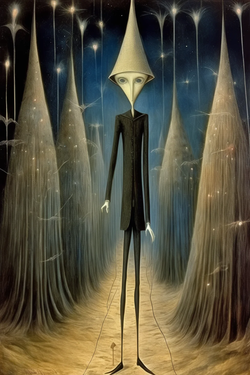 <lora:Remedios Varo Style:1>Remedios Varo Style - Oz man, very long legs, black and straight hair, there are ghosts flying, a slight blue and pink tone in the lights, in the enchanted valley