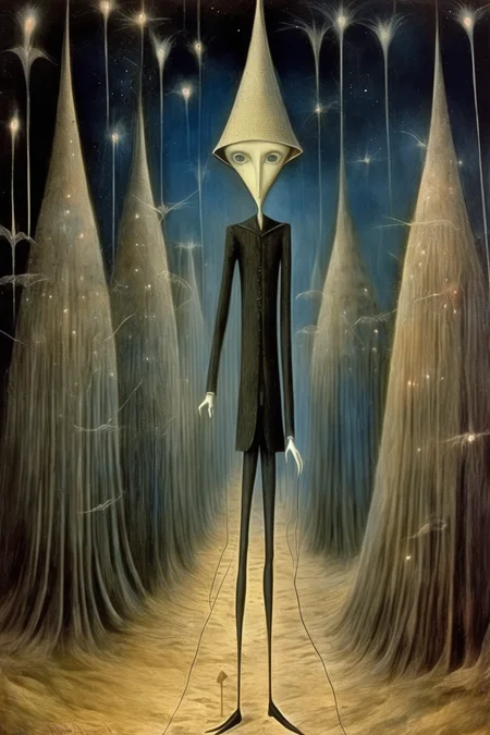 <lora:Remedios Varo Style:1>Remedios Varo Style - Oz man, very long legs, black and straight hair, there are ghosts flying, a slight blue and pink tone in the lights, in the enchanted valley