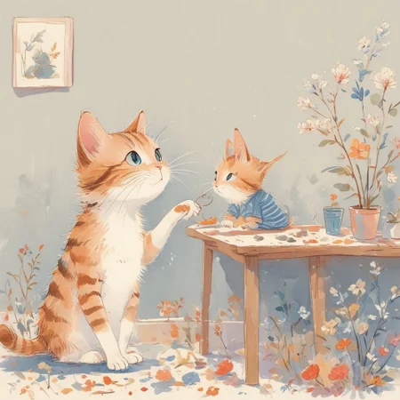 In a whimsical scene, pleasantly warm, narrative film, an orange-striped cat with striking blue eyes is playing with a young boy with a curious expression, the young boy is offerring a toy fish,and the cat is rising to catch it. The scene is set in a cozy living room, bathed in warm, soft light.