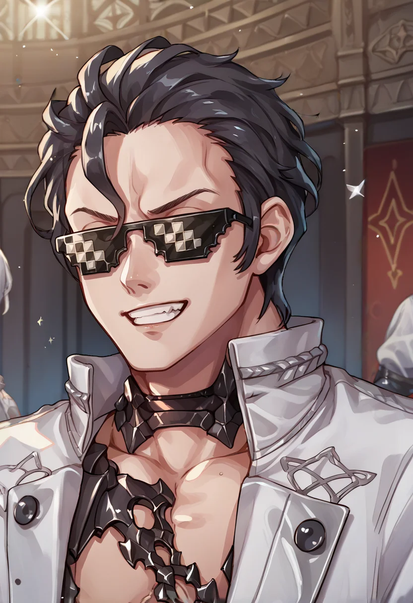 score_9, score_8_up, score_7_up, source_anime, 1boy, upper body, solo, grin, sunglasses, <lora:BalthusFE-pdxl:1> balthusFE, open jacket, white jacket, black gloves, gauntlets, chain, choker, indoors, casino <lora:DealWithIt_XLPD:1.1> IncrsXLDealWithIt