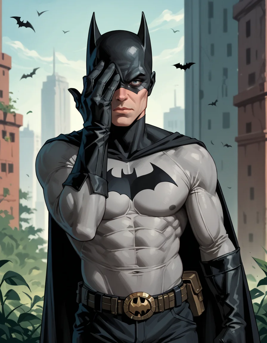 score_9, score_8_up, score_7_up, score_6_up, score_5_up, score_4_up, hud_illum1nat2, hand over eye, solo, , batman, outdoors <lora:illuminati2:0.8>,