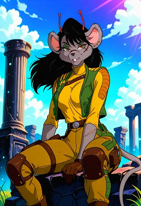 CarbineBMFM, 1girl, solo, furry female, anthro, mouse, grey fur, grey skin, animal ears, red antennae, black hair, long hair, bangs, brown eyes, black snout, scar on face, incisors, teeth, earrings, ear piercing, large breast, thick thighs, mouse tail, green vest, yellow turtleneck, elbow length sleeves, brown gloves, belt, light brown pants, brown boots, military uniform, holster, knee pads,
,seductive pose, sexy pose, tease,
masterpiece, best quality, fine details, intricate details, depth of field, subsurface scattering, bokeh,
ultra-detailed, very aesthetic, detailed background, newest, scenery, highres, absurdres, colorful, vibrant, glowing, perfect face, 2d, perfect eyes, vibrant saturated colors, volumetric lighting, sharp, detailed eyes, perfect anatomy, perfect face, perfect eyes, mature body, clear eyes, beautiful eyes, athletic, curvy body, athletic girl, perky tits, perfect tits, round breasts, pinup pose, teasing, lustful expression, perfect hands,
muscular female, dutch angle,
floating hair, floating clothes, outdoors, sitting, stone, ruins, blue sky, cloud, grass,
,Smooth Negative, Smooth_Quality,
90s_anime_aesthetic, 1990s (style), dark_fantasy_style, dark fantasy, retro,, retro artstyle