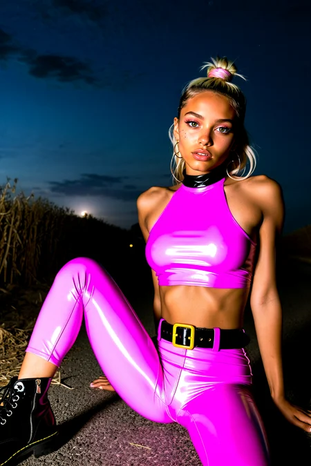 <lora:Skin Color_alpha1.0_rank4_noxattn_250steps:0.8>,A private fashion photography of a 29 year old 1Girl,fully clothed,solo,medium hair Hair, white Hair,colored inner hair, Dirty Blonde hair, curly hair, ponytail, hair scrunchie , teal eyes ,,(petite body:1.1),natural sagging breasts,flat_ass,kawaii,adorable,mole,,earrings,Subtle shimmer on the eyelids with a soft pink gloss for a casual vibe,
wearing shiny purple vinyl pants, cropped Black halter top with chest cutout, neon-yellow belt detail, combat boots, (glowing:1.2),(glowing in the dark:1.2).,
full body,(Lying on the back:1.3), arms above the head, chest exposed to soft light, eyes closed as a wave of sensation moves through the body.,a lonely rural road next to a cornfield, illuminated by a single roadside lamp, insects buzzing around the light, (heat lightning:1.1) flickering on the horizon under a starry sky.,, Masterpiece,best quality,realistic,HDR, 8K, masterpiece, best_quality, absurdres, ultra-detailed, highly_aesthetic, depth_of_field