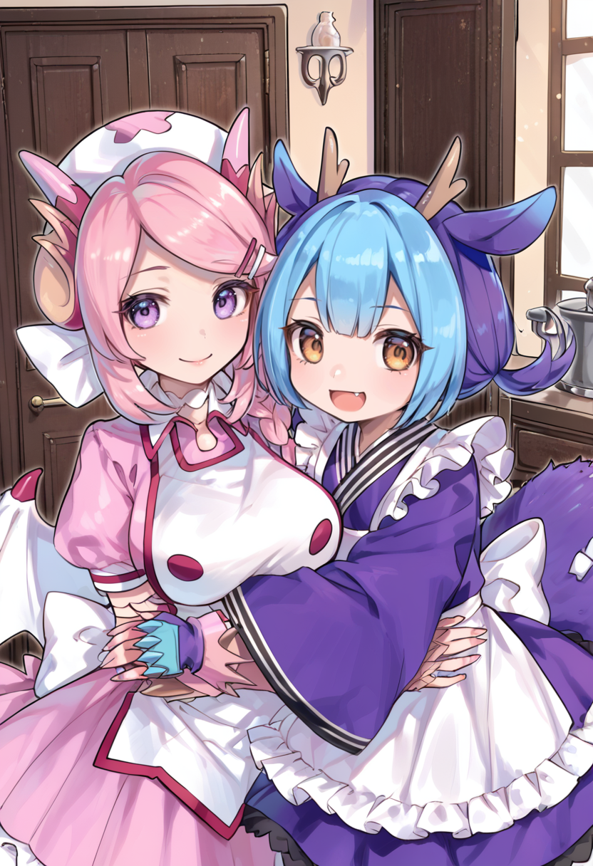 (score_9:0.9),score_8_up,score_7_up,anime style,rating_safe,(zPDXL),<lora:Nurse dragonmaid ponyXL v1:0.86>,nurse cap,pink wings,nurse dragonmaid,nurse dress,pink fingerless gloves,white pantyhose,laundry dragonmaid,blue maid outfit,blue fingerless gloves,2girls,multiple girls,looking at viewer,open mouth,sidelocks,smile,indoors,standing,door,frills,cowboy shot,hug,large breasts,closed mouth,chibi,