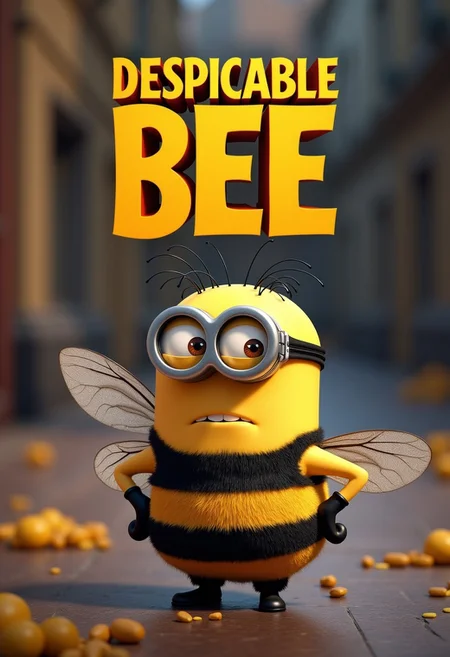 cinematic photo, a text title movie poster "Despicable Bee", A minion bumble bee, despicable me style, highly detailed, parody movie poster, a digital movie poster illustration