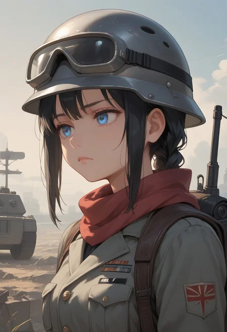 score_9, score_8_up, score_7_up, easynegative, realistic style, symphtia-style, dim lighting, detailed face, 1girl, blue eyes, black hair, (single braid: 1.2), ((small breast)),
wehr, grey military uniform, grey helmet, goggles on helmet, scarf, backpack, ammunition pouch, (head down:1.2), looking down, black eyebags, tired face, BREAK dark, portrait, from side, hand on helmet, outdoors, ((torn clothes)), Dirty Clothes,