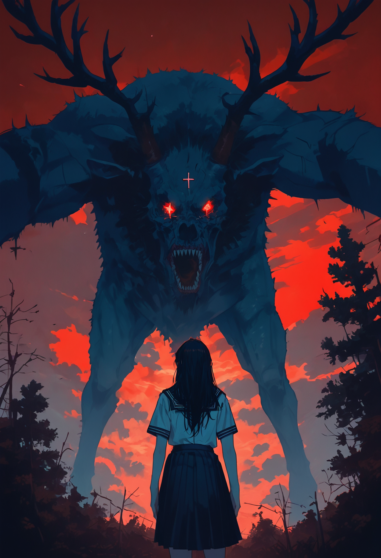 score_9, score_8_up, score_7_up, score_6_up, score_5_up, score_4_up,
 <lora:NeonFantasyPonyXL:1> ne0nfant4sy, 
1girl, solo, long hair, shirt, skirt, black hair, 1boy, red eyes, standing, school uniform, white shirt, short sleeves, outdoors, pleated skirt, horns, sky, serafuku, cloud, black skirt, sailor collar, from behind, tree, glowing, sharp teeth, cloudy sky, cross, 1other, star (sky), glowing eyes, spikes, monster, arms at sides, size difference, facing away, antlers, giant, red theme, demon, horror (theme), red sky, pink sky,