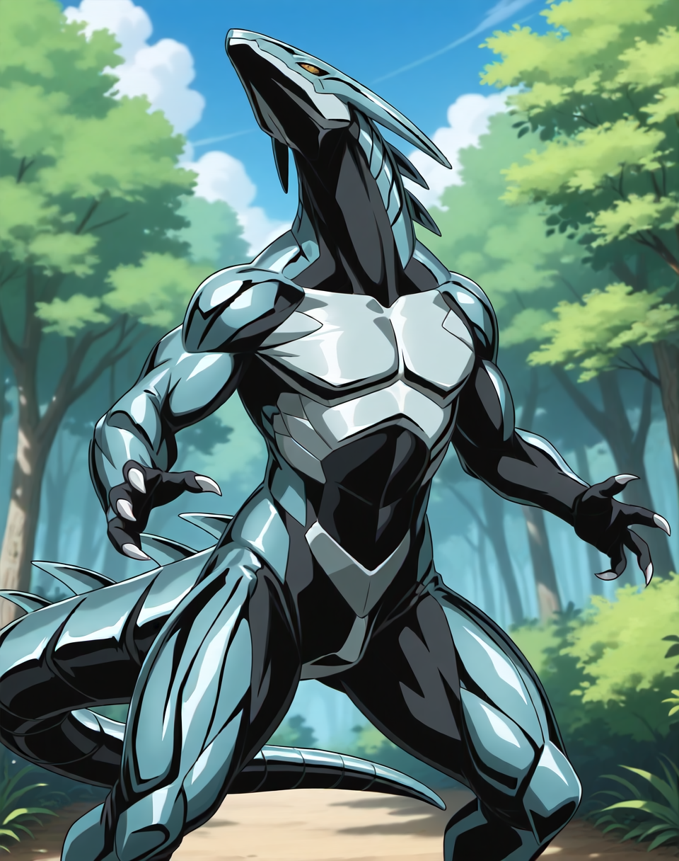 <lora:Metallisaur_(Shinzo)_(Illustrious)_(AD):1.35> Metallisaur, monster, Shinzo, 
((
exterior, vivid anime blue sky with detailed clouds, forest, 
dynamic action, monster, tail, very thick thighs, thick body, male focus, ridged front body, ridged stomach, ridged chest, ridged neck, made of metal, end boss, unstoppable, strong, glossy metal body, made of liquid metal, 
)), 
BREAK: very awe, aesthetically pleasing, masterpiece, best quality, amazing quality, very aesthetic, perfect depth of field shot, 
masterpiece, best quality, amazing quality, very aesthetic, high resolution, ultra-detailed, absurdres, newest, scenery, {Prompt}, BREAK, detailed background, volumetric lighting, 
BREAK: lazympos, lazypos (3),