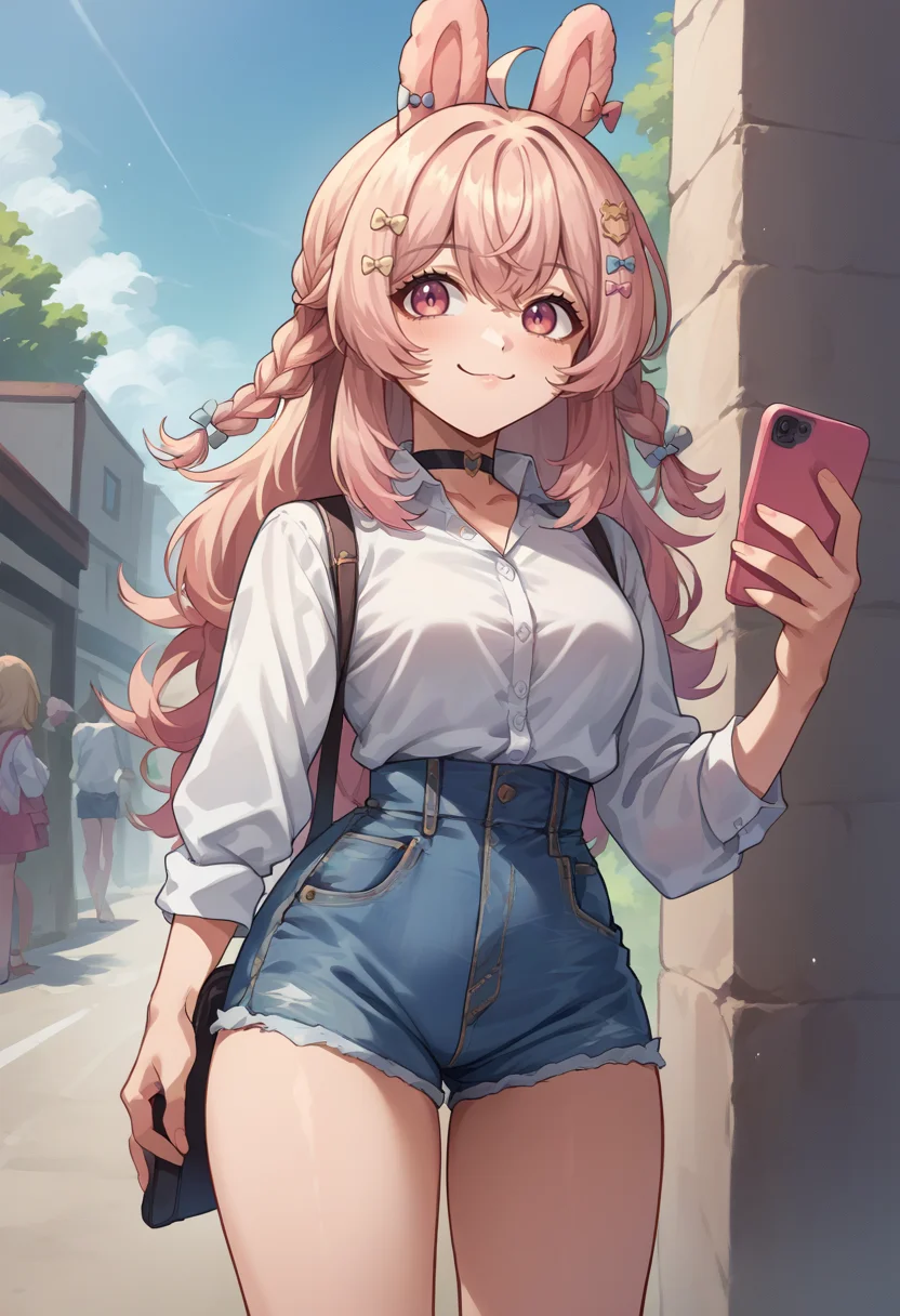 score_9, score_8_up, source_anime, PippaPipkin, long hair, braid, ahoge, hair ornament, hair bow, white shirt, dress shirt, black choker, holding cellphone, denim shorts, high-waist shorts, outdoors, smile, <lora:ChamPippaPipkinPonyXL-000008:1>