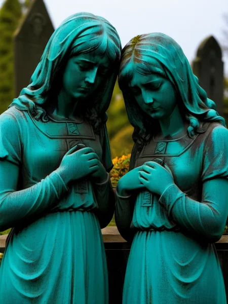 stature of 2 sad girls on the graveyard <lora:talesofthegraveyard:1>