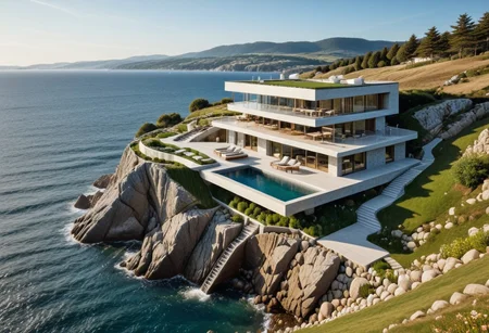 ultra-realistic high-resolution image, perfect focus, correct anatomy and correct objects, architectural style of a house on a hill above the sea, waves splash in the rocks of stone and wood in a modern style, environmentally neutral, energy-powered by the sun and wind, the design to merge with nature, roof covered with grass, veranda in front of the house, table and chairs barbecue, river, lake, waterfall