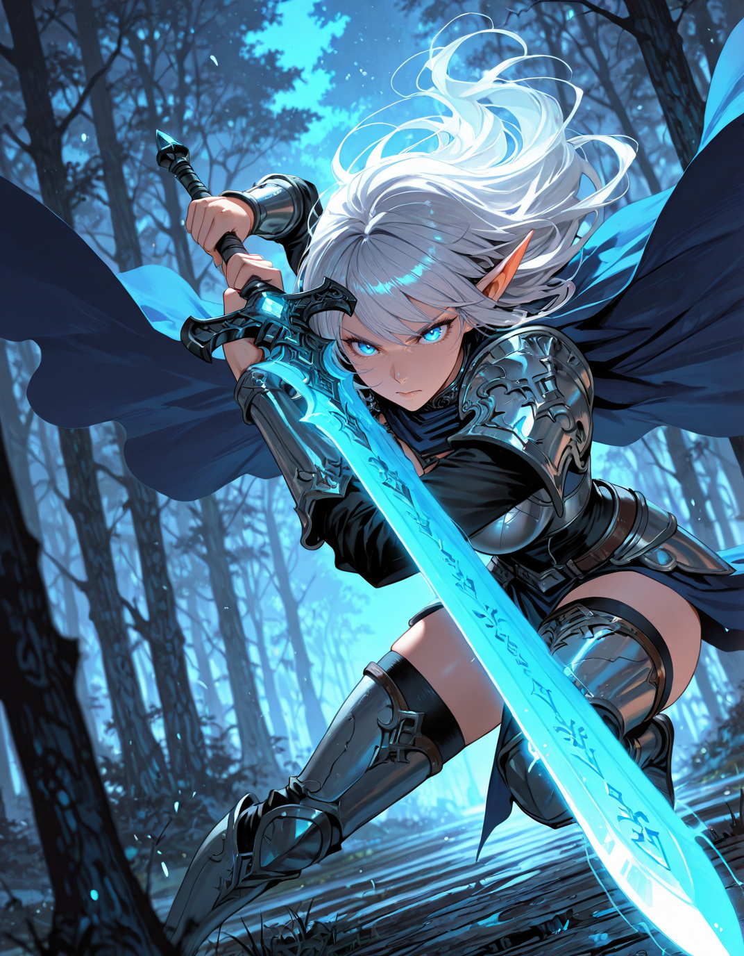 masterpiece, best quality,high quality, newest, highres,8K,HDR,absurdres, 1girl, solo, elf, long silver hair, glowing blue eyes, intricate silver armor, enchanted sword, battle-ready stance, flowing blue cape, delicate elven features, ornate pauldrons, magical runes, moonlit forest, mystical aura, soft ethereal glow, fantasy setting, detailed background, depth of field, dynamic pose, dramatic composition, foreshortening, detailed background, dynamic pose, dynamic composition,dutch angle, detailed backgroud,foreshortening,blurry edges <lora:iLLMythAn1m3Style:1> MythAn1m3