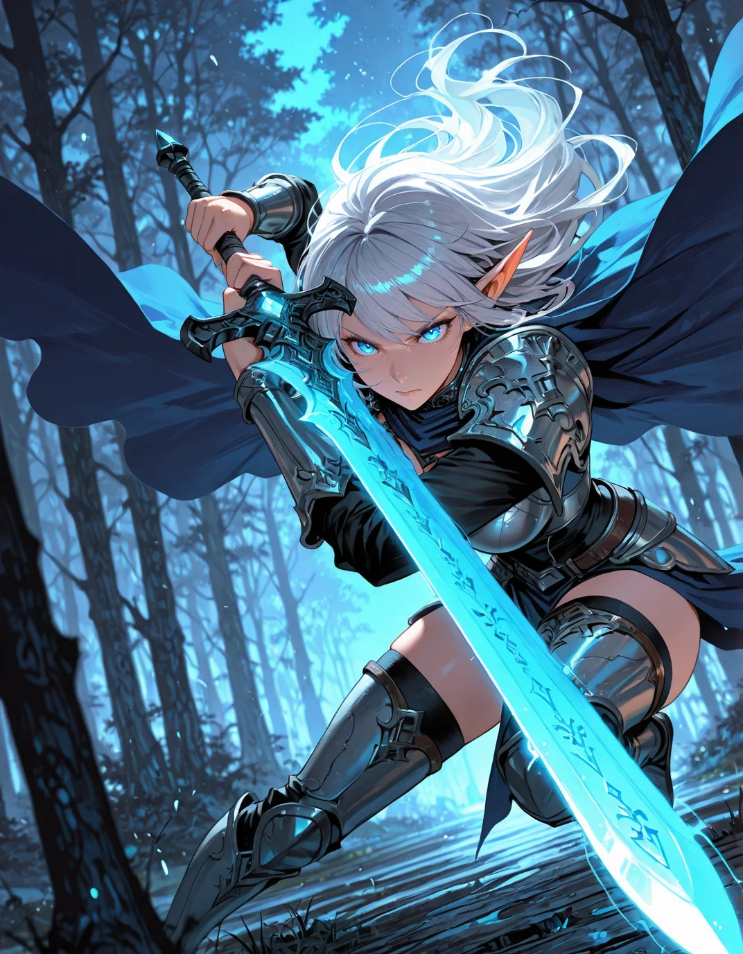 masterpiece, best quality,high quality, newest, highres,8K,HDR,absurdres, 1girl, solo, elf, long silver hair, glowing blue eyes, intricate silver armor, enchanted sword, battle-ready stance, flowing blue cape, delicate elven features, ornate pauldrons, magical runes, moonlit forest, mystical aura, soft ethereal glow, fantasy setting, detailed background, depth of field, dynamic pose, dramatic composition, foreshortening, detailed background, dynamic pose, dynamic composition,dutch angle, detailed backgroud,foreshortening,blurry edges <lora:iLLMythAn1m3Style:1> MythAn1m3