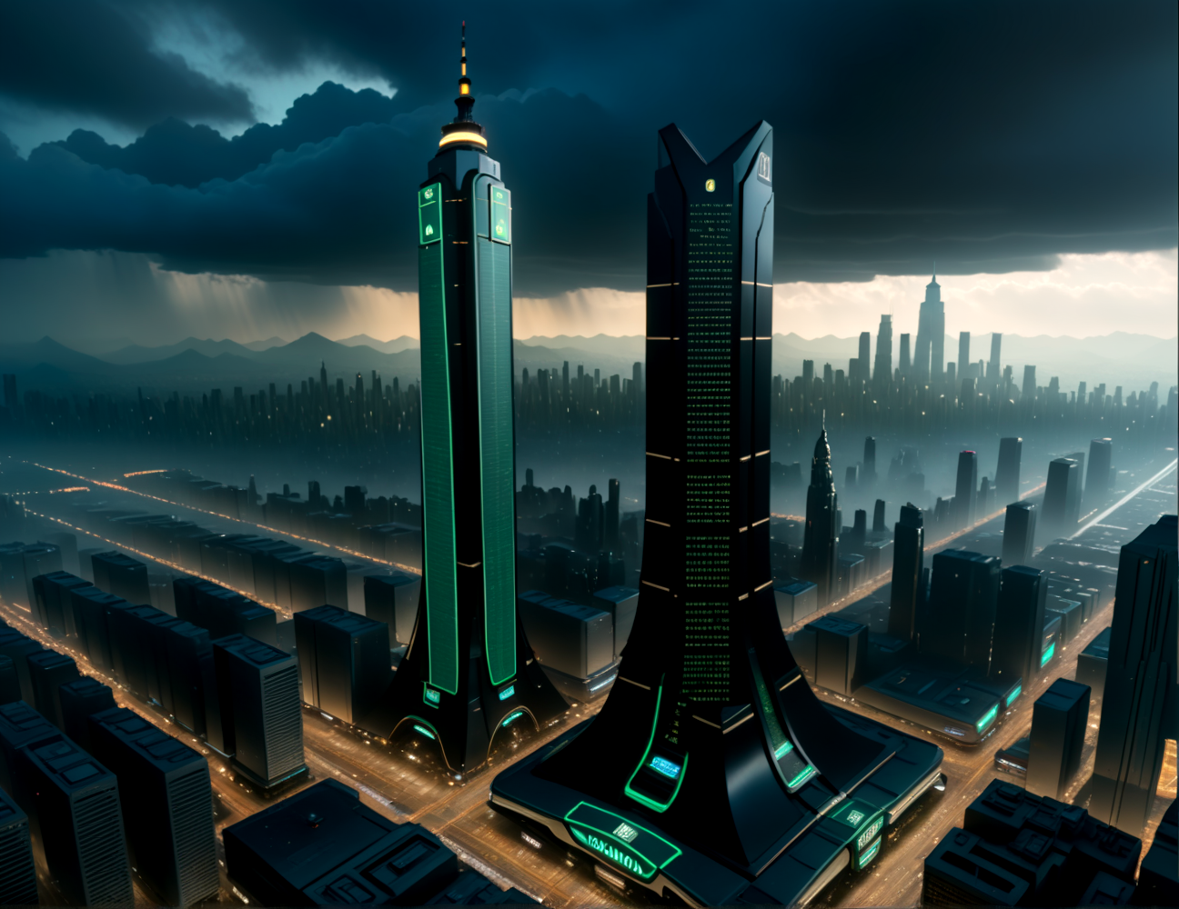 score_9, score_8_up, score_7_up,
<lora:Dystopian_Future_(Architecture)_(SDXL)_(AD):1> Dystopian Future, monumental architecture, architecture, city, cityscape, scenery, building, skyscraper, future, scifi, science fiction,  
8K, In'ei, chiaroscuro, rim lighting, perfect depth of field shot, beautiful, sharp focus, crisp details, subsurface scattering, idealized city, wide boulevards, busy city center, large plazas, plazas, photographic anime clouds and haze, dark rainy overcast skies, black clouds, green tan haze, photographic realism, buildings, skyscrapers, metropolis, 8K CGI render, oppressive scale of architecture, black titanium, 
BREAK zPDXL, zPDXLxxx, <lora:sdxl_lightning_8step_lora:0.4> <lora:detailed_notrigger:0.5>