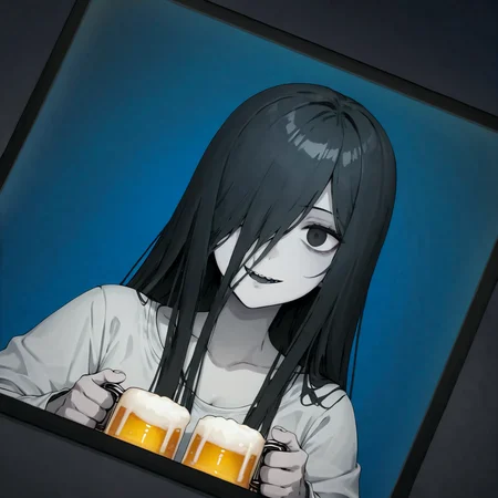 score_9, score_8_up, score_7_up, score_6_up,
(yamamura sadako:0.8),(crawling out of the TV screen:1.3),(bedroom:1.3),huge tv,bed,tv on shelf,(glowing screen:1)
skinny,black hair,straight hair,black eyes,one hair over one eye,coverd eyes,long bangs,gray skin,open mouth,white spooky dress,moonlight, shadow, expressionless,(holding beer in beer mug:1.2), arms up, long sleeves, smile
(dark blue background:1.2),<lora:Dark_room:0.8>,<lora:Fixhands_anime_bdsqlsz_V1:1>