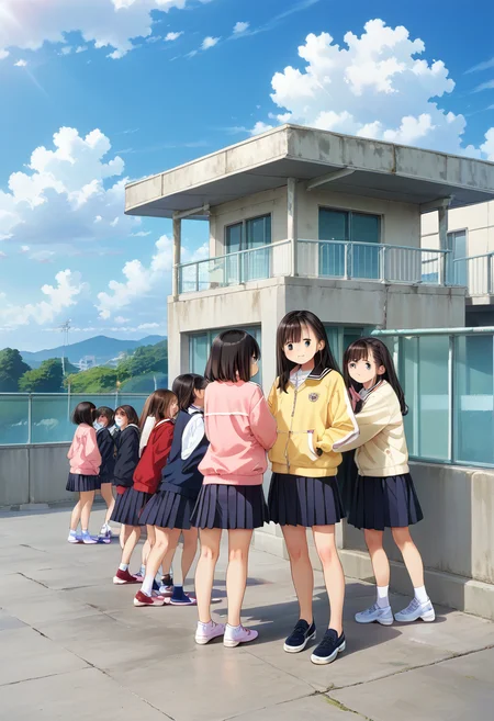 score_9, score_8_up, score_7_up, rating_safe, masterpiece, best quality, absurdres, unity 8k wallpaper, official art, official style, source_anime, uncensored, game cg, megami magazine,
okujyou, multiple girls, outdoors, school uniform, skirt, scenery, jacket, cloud, long hair, sky, 6+girls, shoes, sneakers, black hair, brown hair, short hair, multiple boys, black skirt, track jacket, pleated skirt
<lora:gakkou_okujyo_PONY_V1:1>