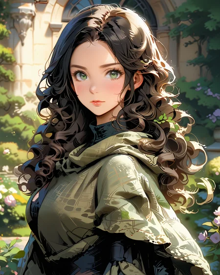 score_9, score_8_up, score_7_up, score_6_up, source_anime, rating_safe, ah1, 1girl, (curly hair), long hair, (black hair), mature female, (parted hair:1.7), (round face), (no_bangs:1.3), (no_fringe:1.6), looking at viewer, (thick eyebrows), (curvy), round-chin, (dark olive green eyes), caucasian, down-turned eyes, <lora:ETO_OCPonyXL:0.5> eto_oc, skindentation, thick thighs, wide hips, busty, voluptuous, kinky curls, lips, bad-hands-5, (practicing ballet,grand jete), (sage green Oversized cape coat in a checkered pattern for a sophisticated and trendy style), (in a serene castle garden, with blooming flowers, peaceful atmosphere, gentle light, tranquil vibes), (angry, scowl), <lora:venus body PonyXL:0.8>, plump,<lora:eyedetailpxl:0.6> eyedetailpxl, <lora:xl_more_art-full_v1:0.6>, <lora:detailxl:0.6> detailxl, <lora:hairdetailpxl:0.6> hairdetailpxl, <lora:skindetailpxl:0.6> skindetailpxl,