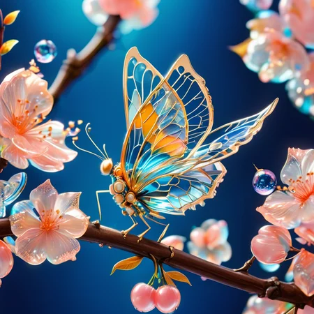 close up shot from the side, 85mm lens, a beautiful intricate mechanical clockwork butterfly, it should have bright beautiful vibrant colors, it is standing on a branch of a cherry tree next to it is a blossoming cherry bud. avoid multiple butterfly's, deep blue background <lora:SDXLFaeTastic2400:1> <lora:lora:1>
