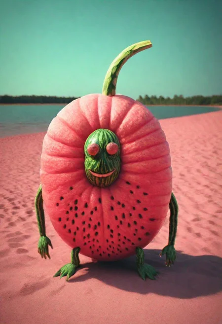 Documentary photograph, magical fantasy magic watermelon creature, cinematic light, high detail, beautiful, surreal, dramatic, warm colors<lora:Dreamyvibes artstyle SDXL - trigger with Dreamyvibes artstyle:1> Dreamyvibes Artstyle